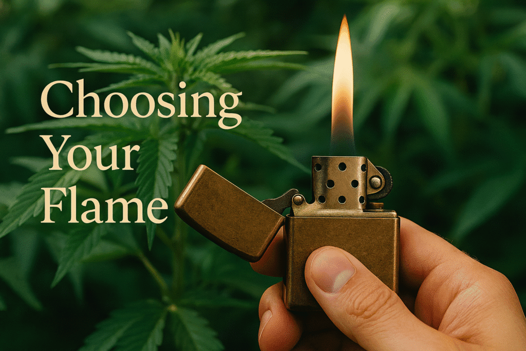 Minimalist black lighter on a wooden tray with ashtray and soft smoke, styled for an article titled “Choosing Your Flame” about the best lighters for cannabis rituals.