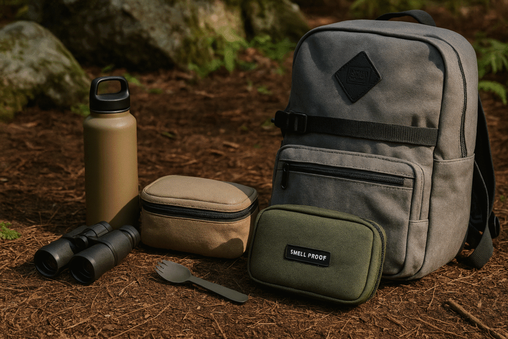 Gray outdoor backpack with green smell-proof pouch, tan utility case, water bottle, and binoculars arranged on a forest floor with natural light and moss-covered rocks in the background