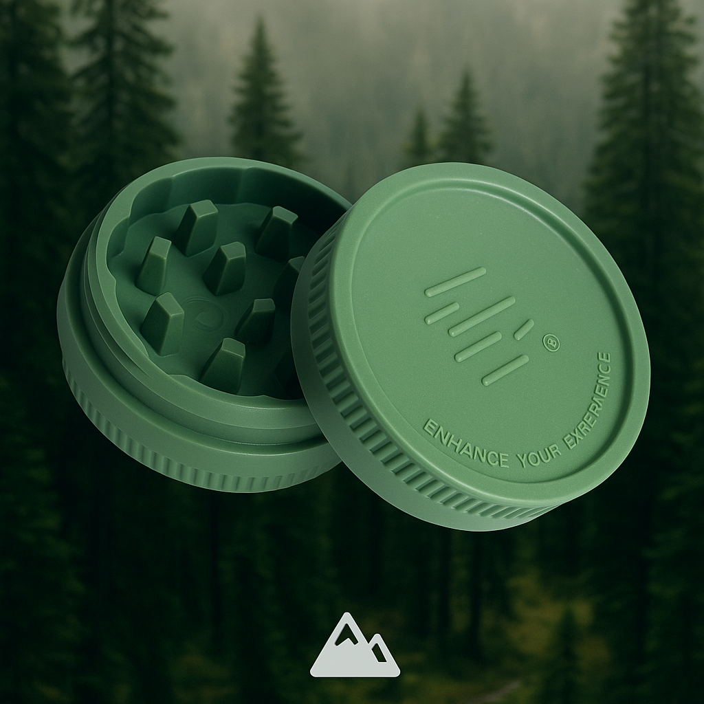 Green two-piece Staze Hemp Grinder made from plant-based hemp composite, resting on a moss-covered rock in a forest with blurred trees in the background.