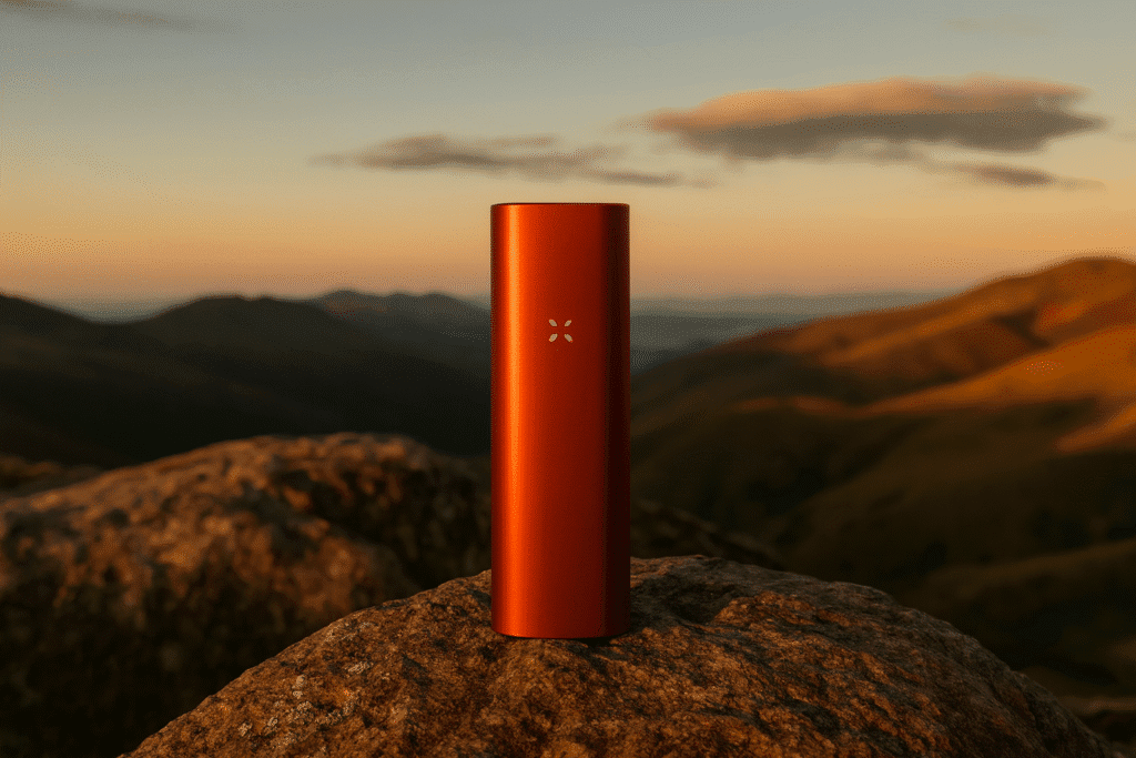 Burnt-orange PAX Mini vaporizer standing on a rugged mountain rock with golden sunset light and rolling hills in the background