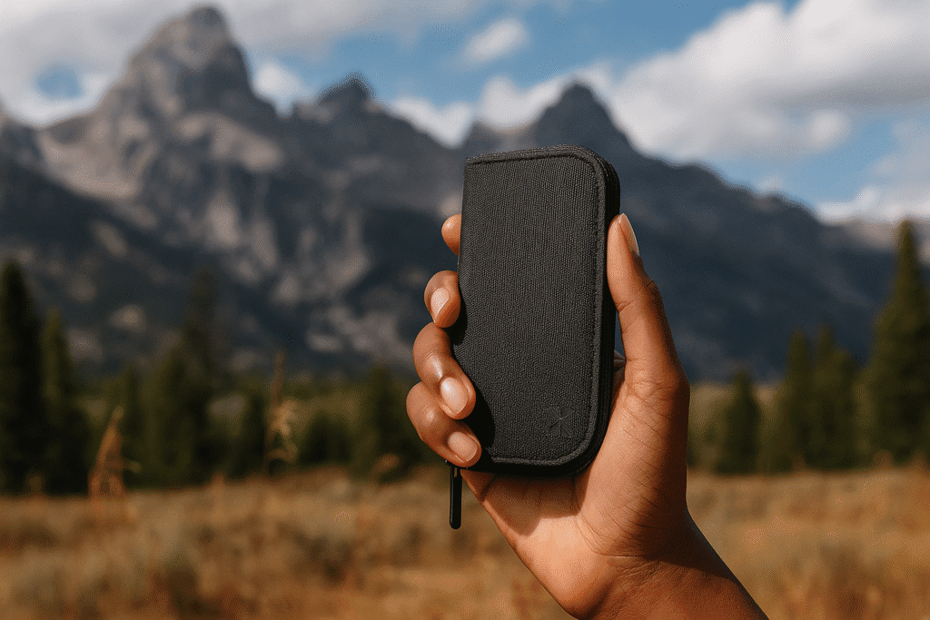 Close-up of a hand holding a black PAX smell-proof stash bag outdoors with rugged mountains and pine trees blurred in the background.