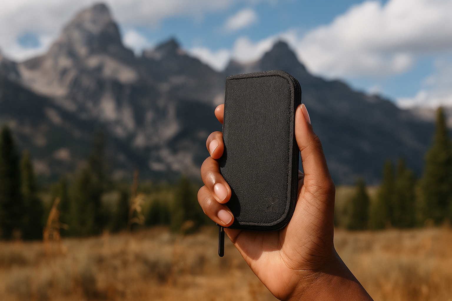 Close-up of a hand holding a black PAX smell-proof stash bag outdoors with rugged mountains and pine trees blurred in the background.