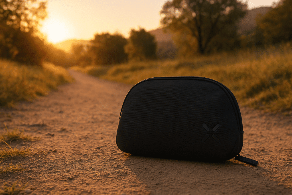 Black PAX smell-proof stash bag resting on a dirt hiking trail at sunrise, surrounded by golden morning light and trees.