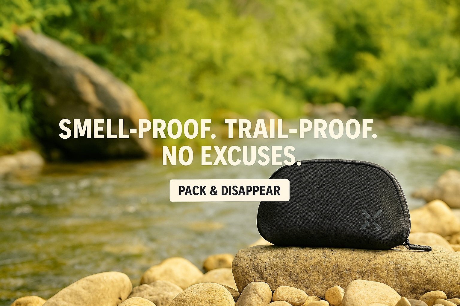 Black smell-proof stash bag on a riverbank trail at sunrise with bold adventure-themed copy and call-to-action button.