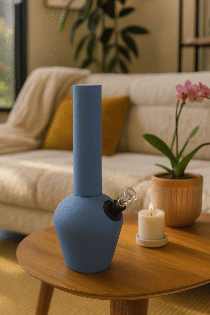 Modern blue cannabis bong and Staze storage container styled on a wooden coffee table in a minimalist living room with beige sofa and mustard cushion.
