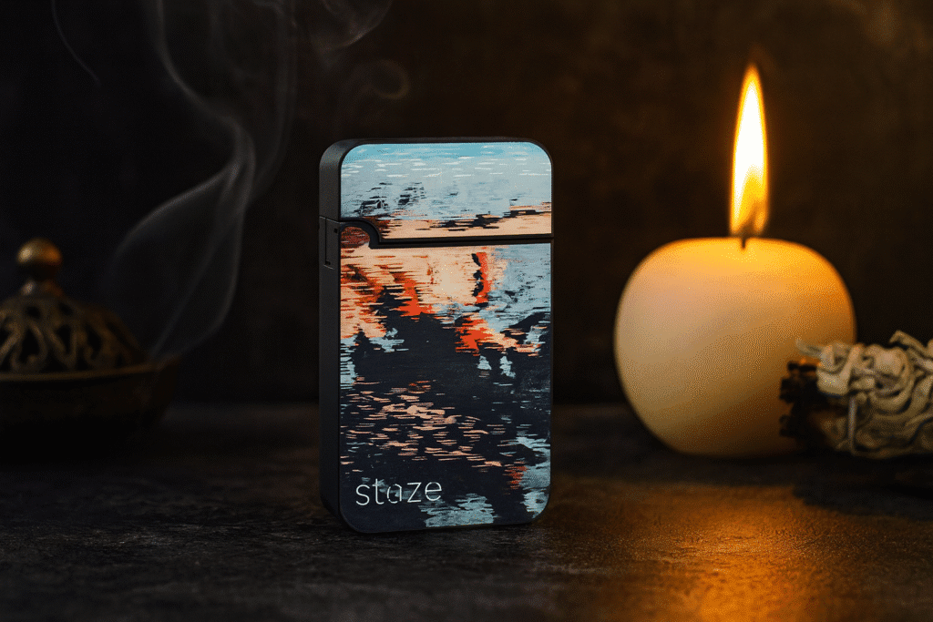 Staze Iceland Torch Lighter standing on a ritual-inspired setting with candlelight, incense smoke, and sage bundle in the background.