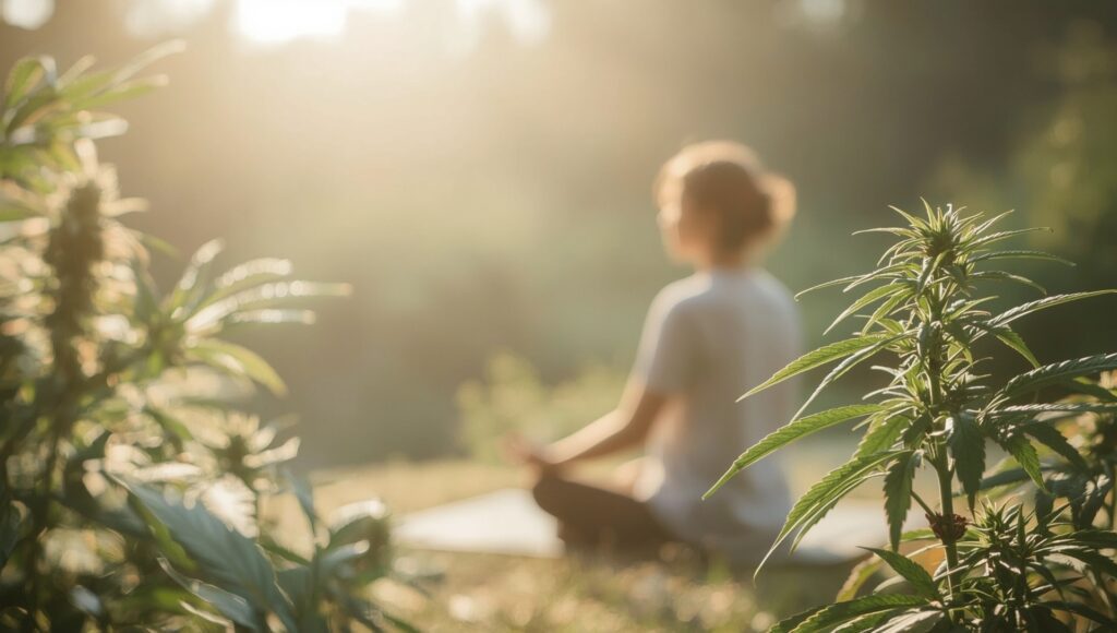 Meditating in nature with cannabis nearby—a symbol of balance, wellness, and stress relief.
